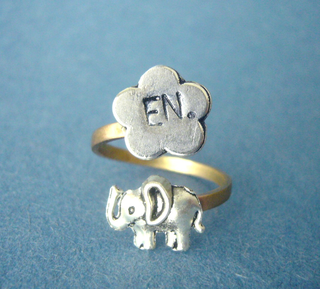Personalized Elephant Ring With A Flower, Adjustable Ring, Animal Ring