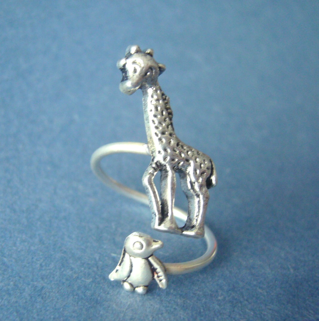 Silver Penguin Giraffe Ring Wrap Style, Adjustable Ring, Animal Ring