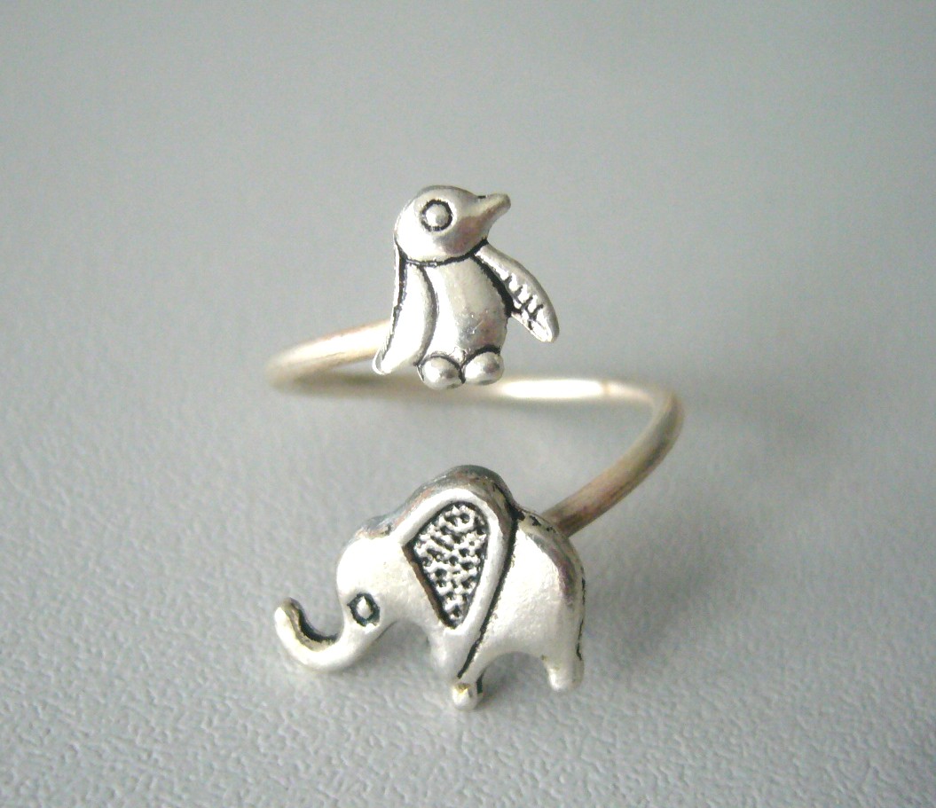 Silver Penguin Elephant Ring Wrap Style, Adjustable Ring, Animal Ring