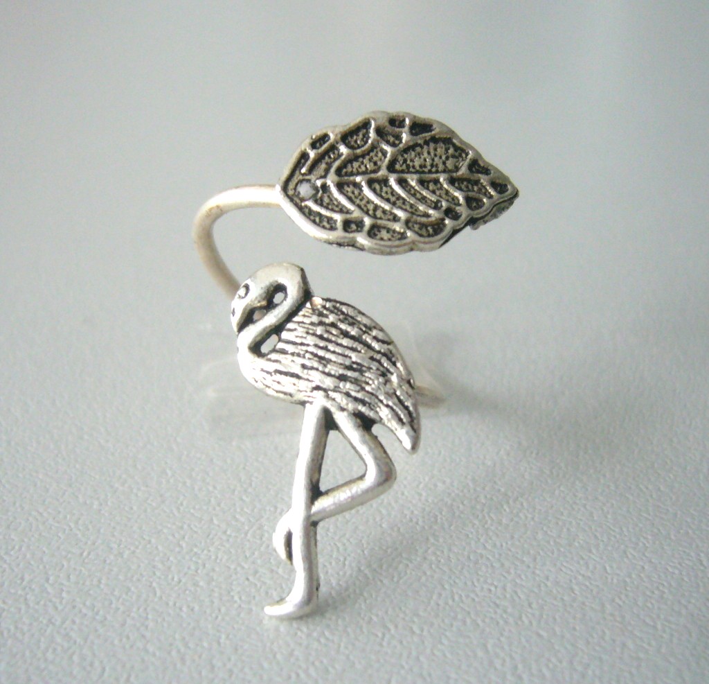 Silver Flamingo Ring With A Leaf Wrap Ring, Adjustable Ring, Animal Ring