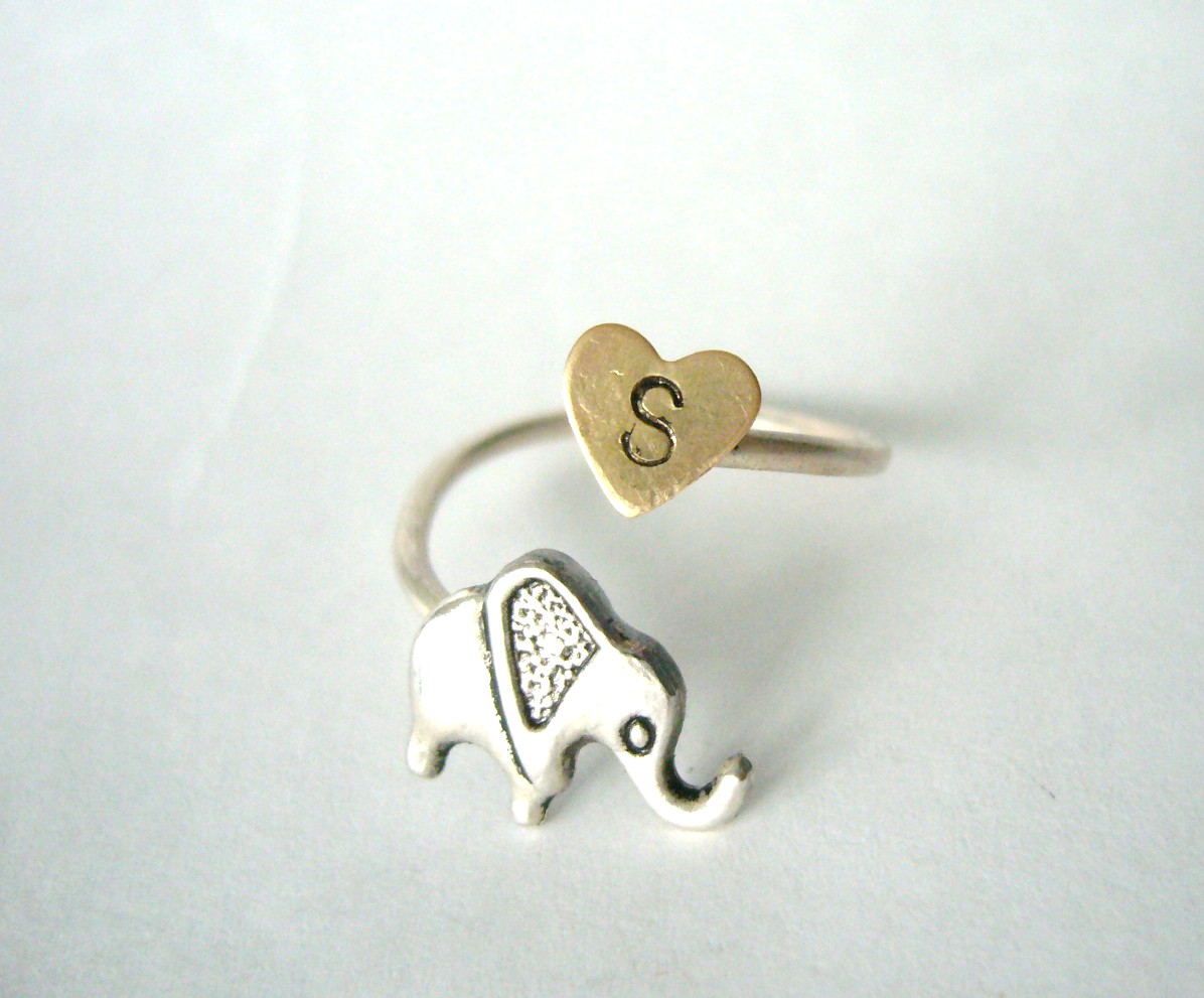 Silver Elephant Personalized Initial Ring, Adjustable Ring, Animal Ring