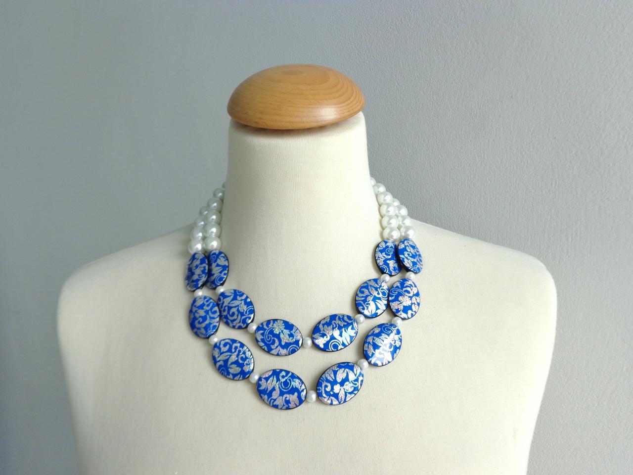 Handmade Layered Glass Pearl And Blue Acrylic Flower Bead Statement Necklace