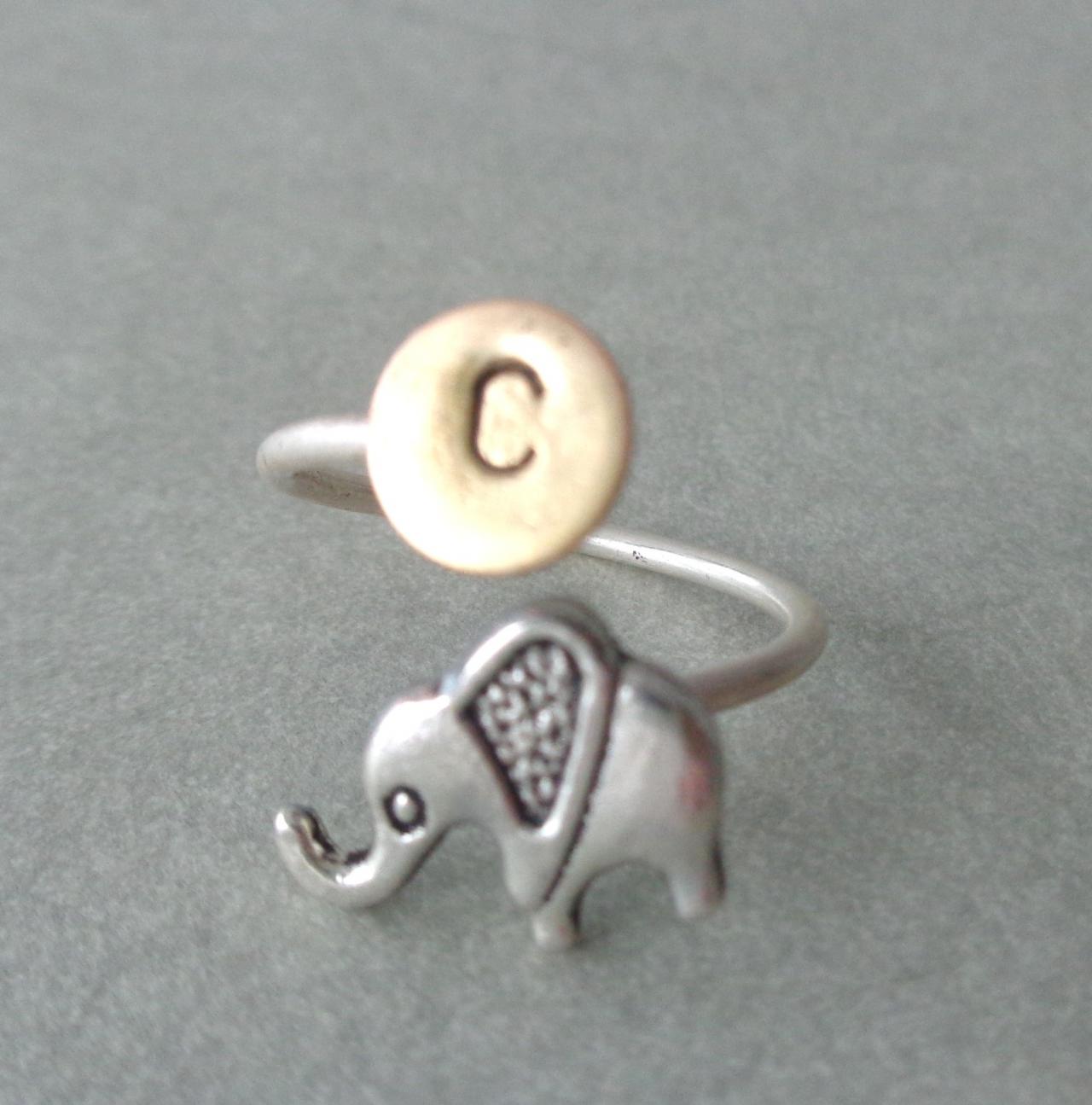 Silver Elephant Personalized Initials Ring, Adjustable Ring, Animal Ring