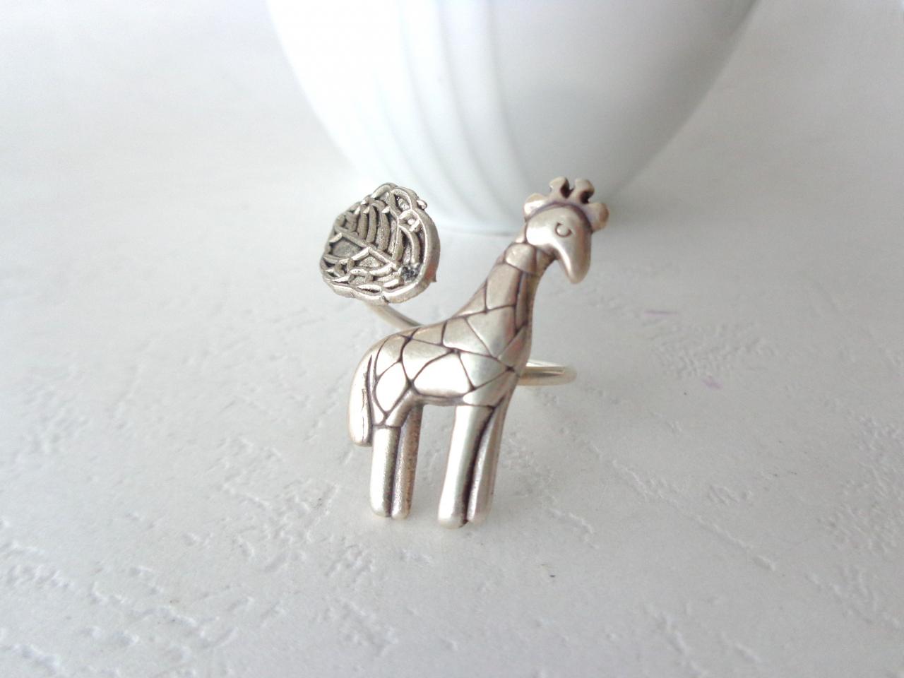 Silver Giraffe Ring With A Leaf Wrap Ring, Adjustable Ring, Animal Ring