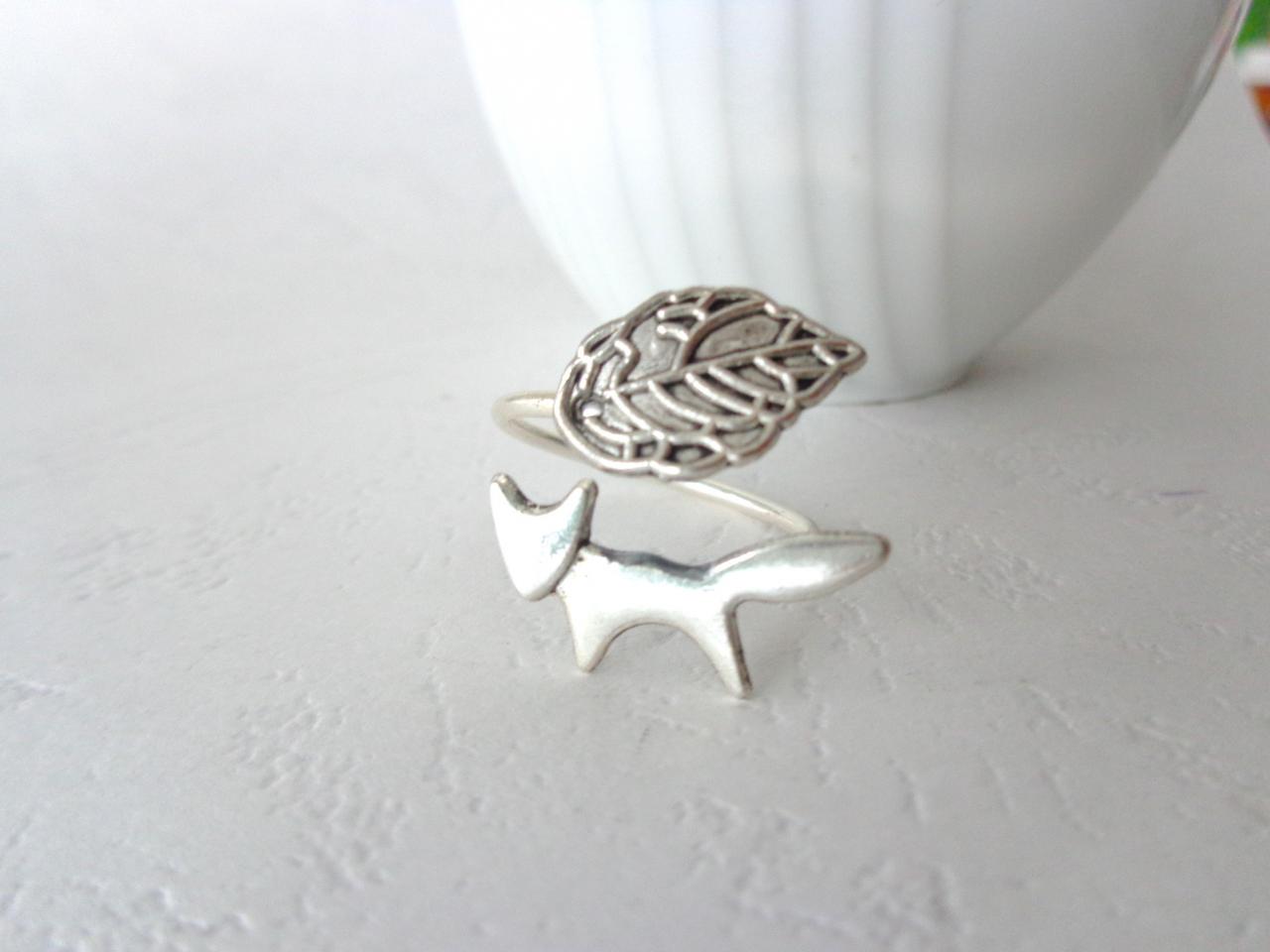 Silver Fox Ring With A Leaf Wrap Ring, Adjustable Ring, Animal Ring