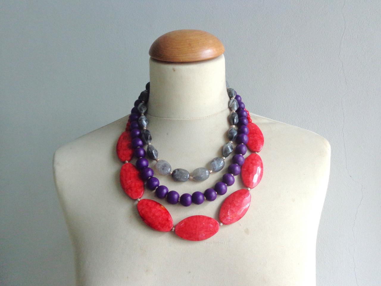 Blue Grey Red Necklace, Chunky Necklace, Statement Necklace