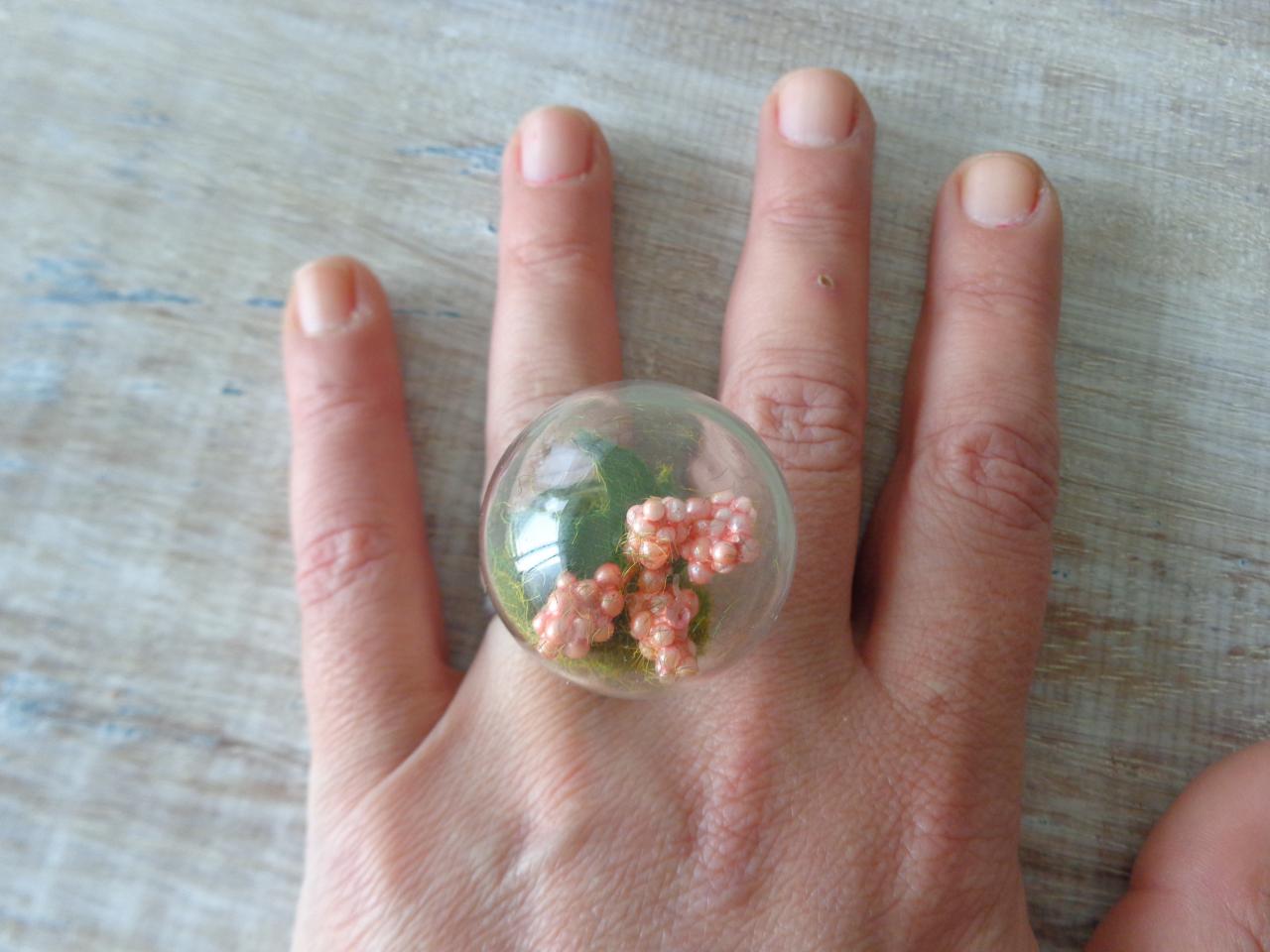 Glass Globe Dome Flower Ring, Moss Nature Jewelry on Luulla