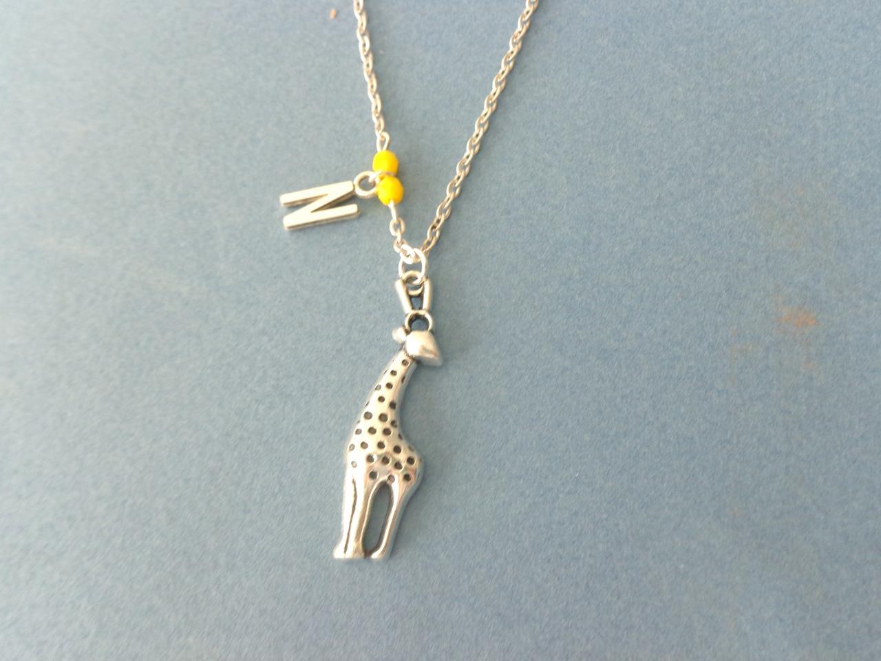 Silver Giraffe Pendant Necklace, Personalized, Initial Yellow