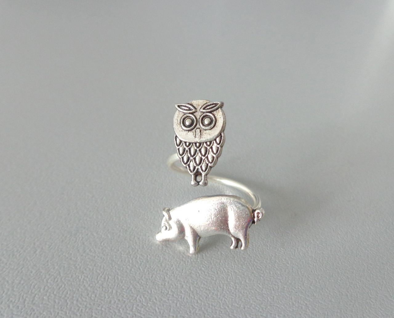 Owl And Pig Ring, Adjustable Ring