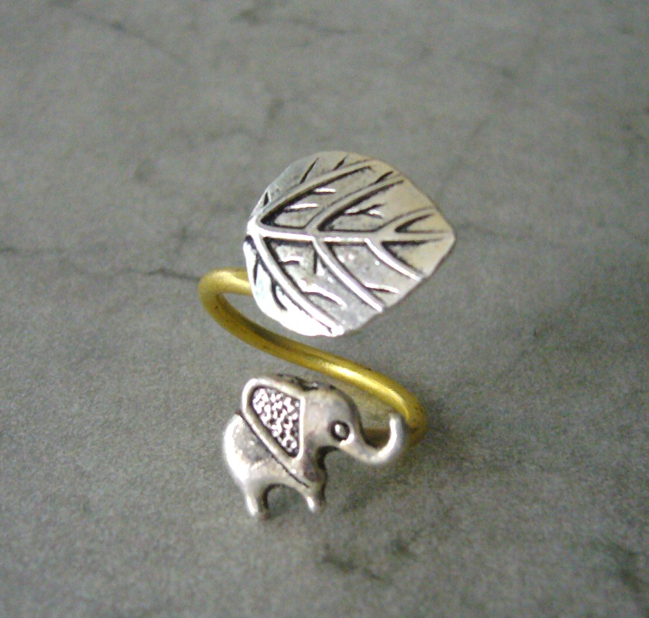 Silver Elephant Ring With A Leaf, Adjustable Ring, Animal Ring