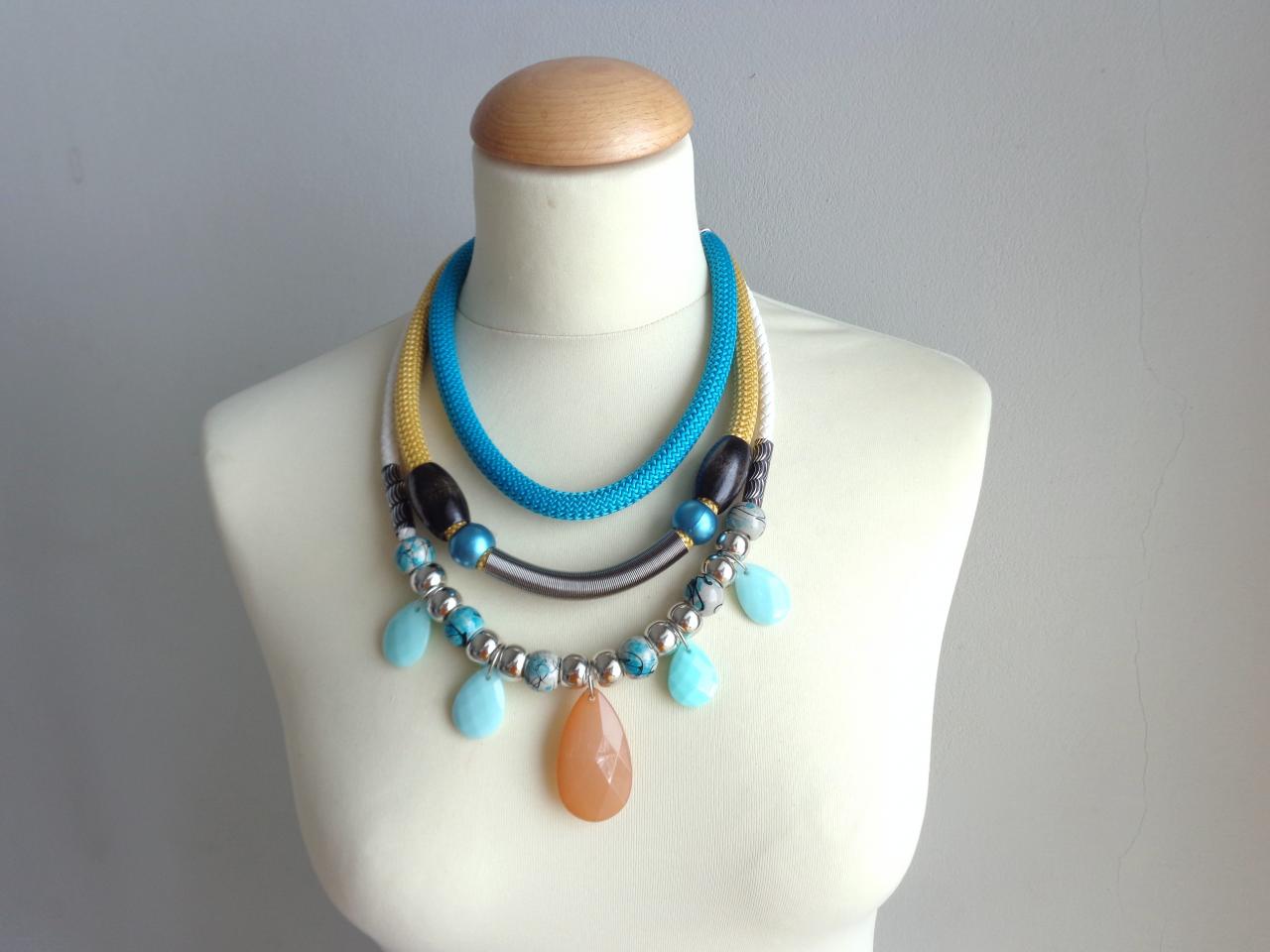 Tribal Statement Colorful Necklace Turquoise Black Mint Bronze