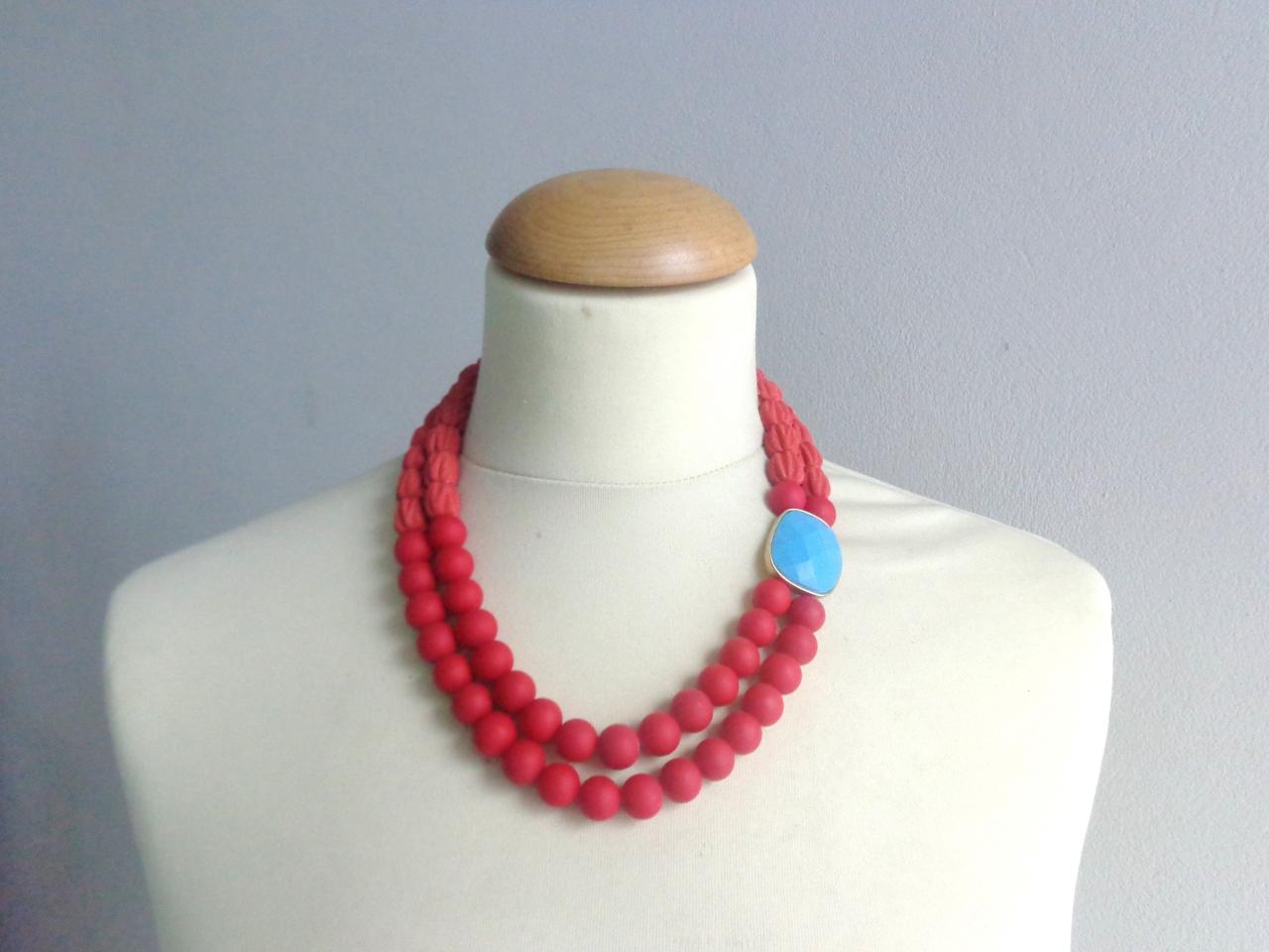 Red Double Layer Glass Matte Beads Handmade Statement Necklace