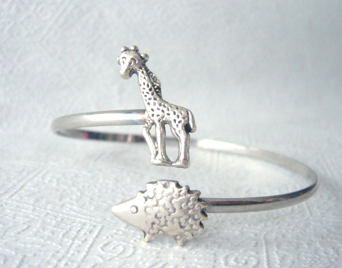 Hedgehog Wrap Bracelet With A Giraffe, Hedgehog Bangle, Animal Bracelet, Charm Bracelet, Bangle