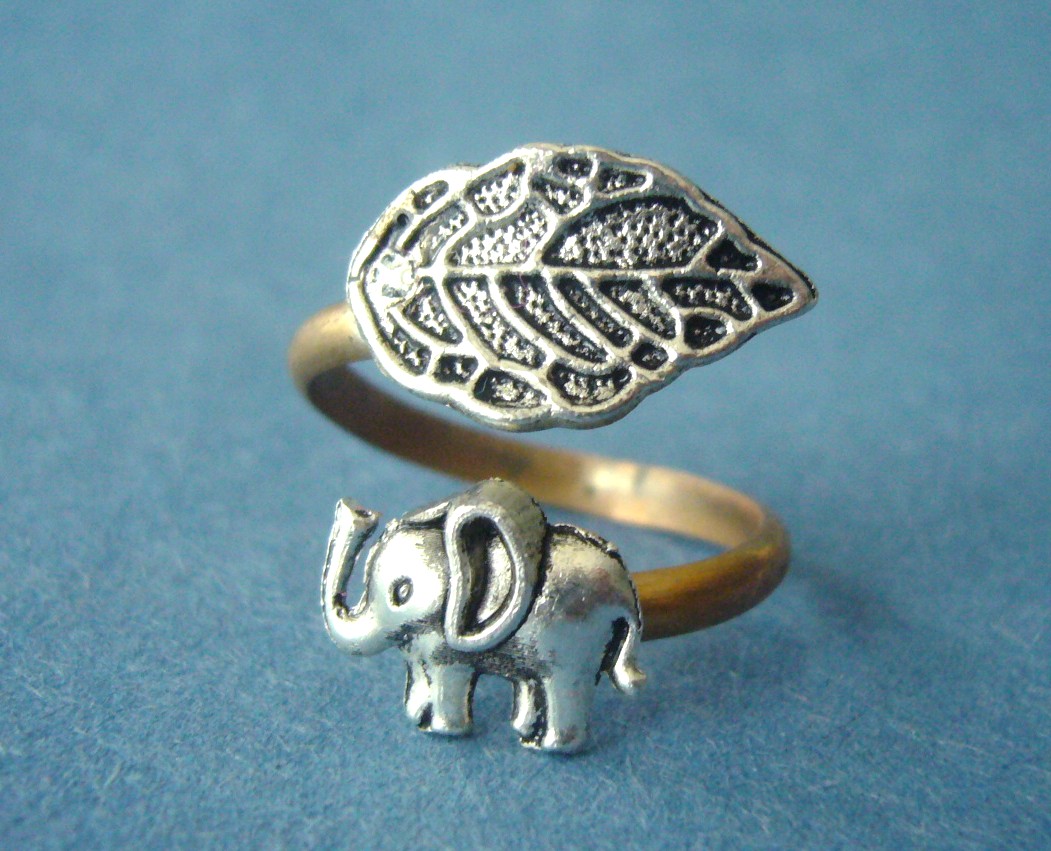 Silver Elephant Ring With A Leaf Wrap Ring, Adjustable Ring, Animal Ring