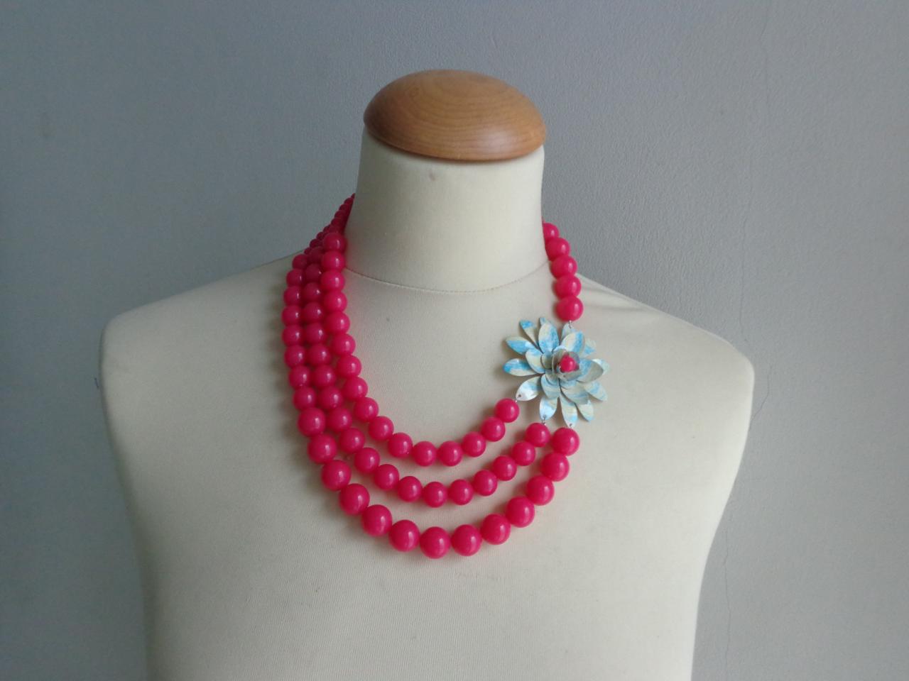 Warm Pink Turquoise Statement Necklace With Flower, Bridal