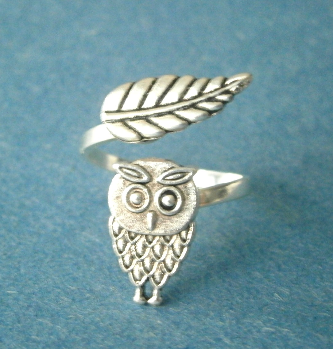Owl Ring With A Leaf Wrap Style, Adjustable Ring, Animal Ring