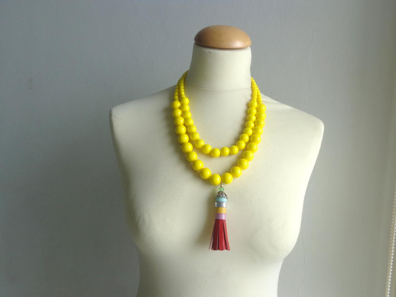 Yellow Tassel Statement Necklace Longer Style, Multi Strand Necklace Leather Tassel
