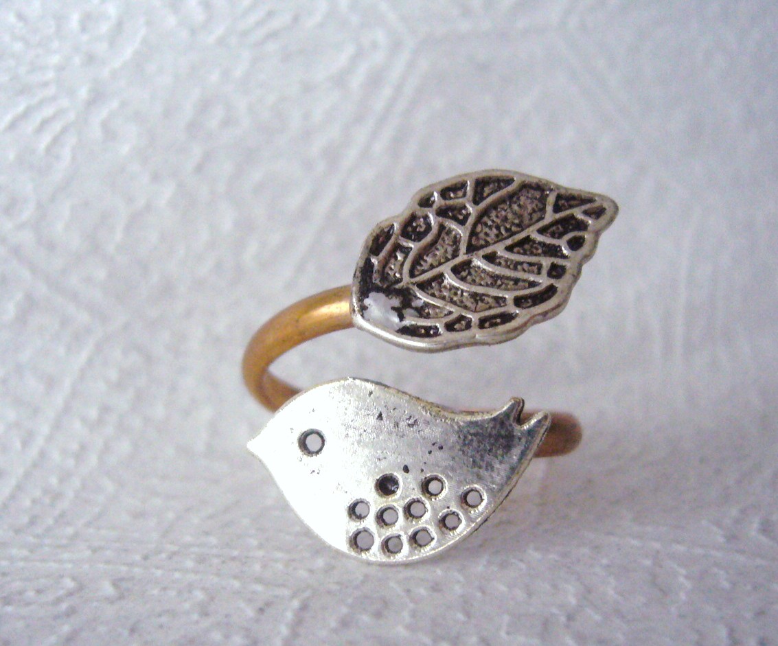 Silver Bird Ring With A Leaf Open Wrap Style, Adjustable Ring, Animal Ring