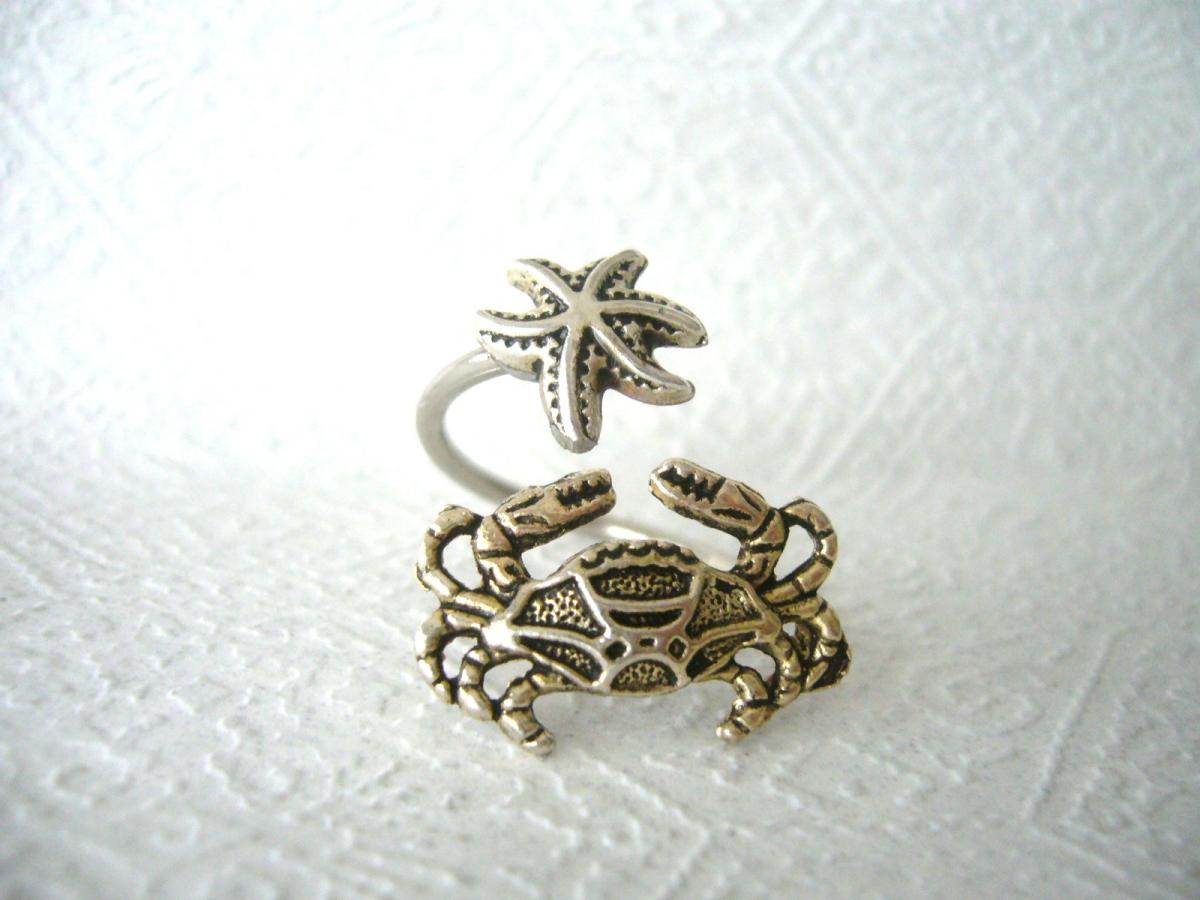 Crab Ring With A Shell Wrap Style, Adjustable Ring, Fish Ring