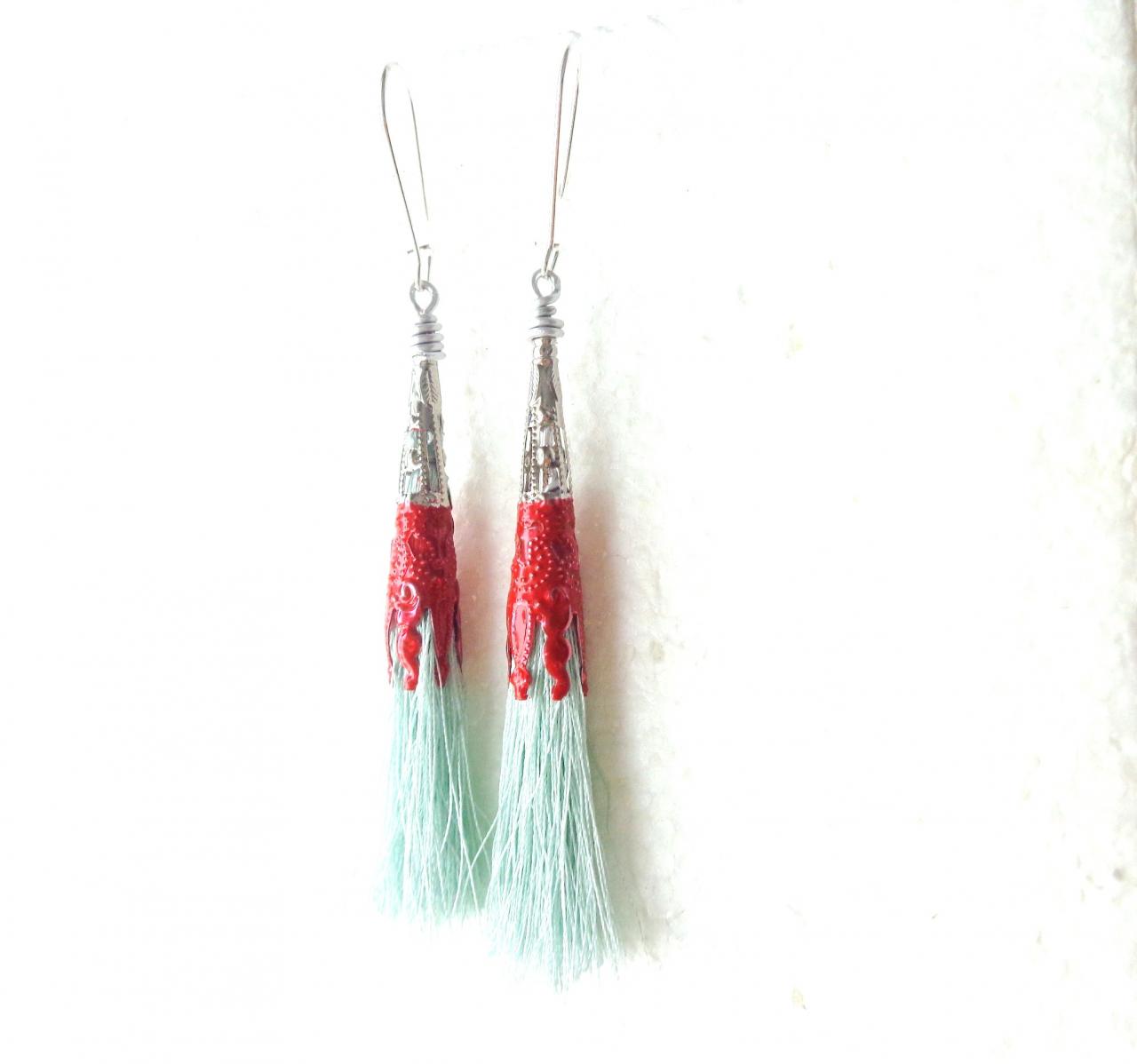 Mint Red Tassel Long Earrings Filigree Earrings Tassel Earrings Colorful Earrings