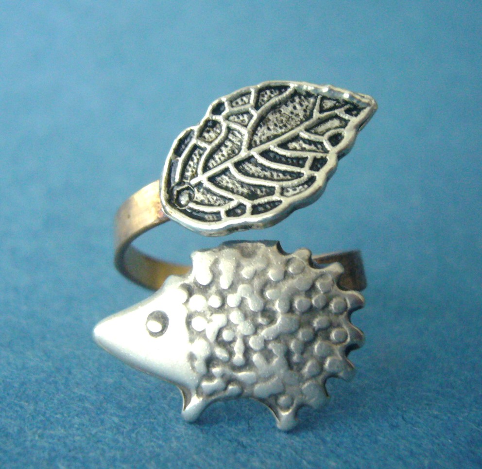 Leaf And Hedgehog Ring, Adjustable Ring, Animal Ring