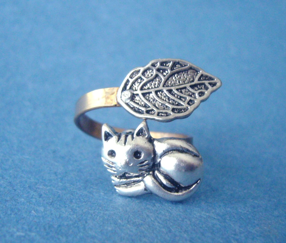 Cat Ring With A Leaf Wrap Style, Adjustable Ring, Animal Ring
