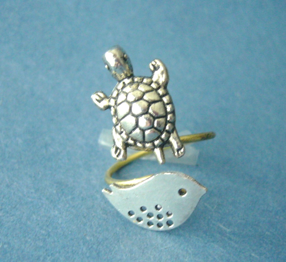 Silver Turtle Ring With A Bird, Wrap Ring, Adjustable Ring, Animal Ring
