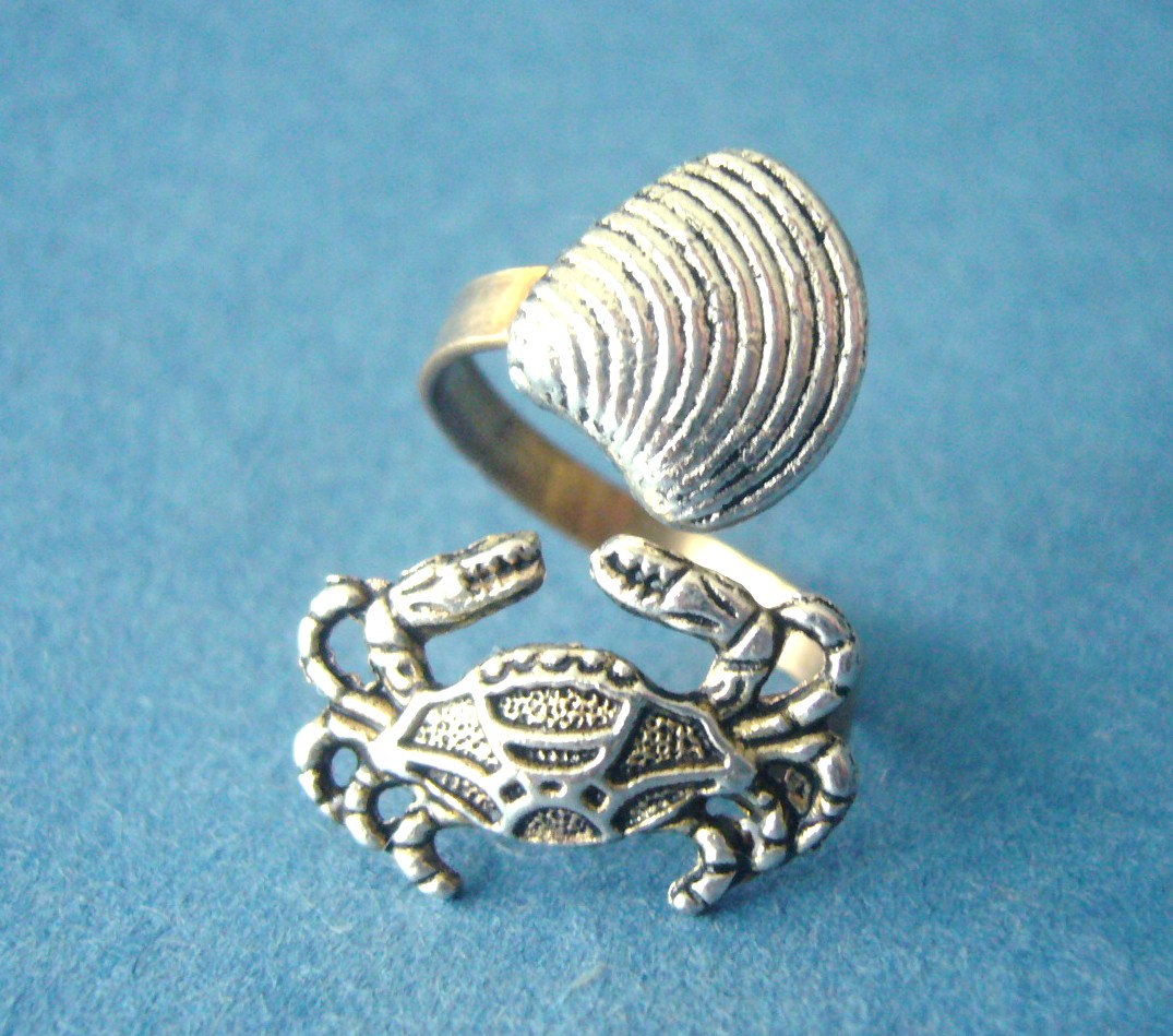 Crab Ring With A Shell Wrap Style, Adjustable Ring, Fish Ring
