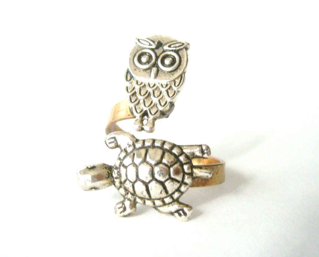 Silver Turtle Ring With An Owl, Wrap Ring, Adjustable Ring, Animal Ring