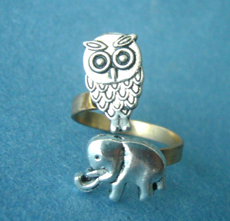 Owl And Elephant Ring, Adjustable Ring, Animal Ring