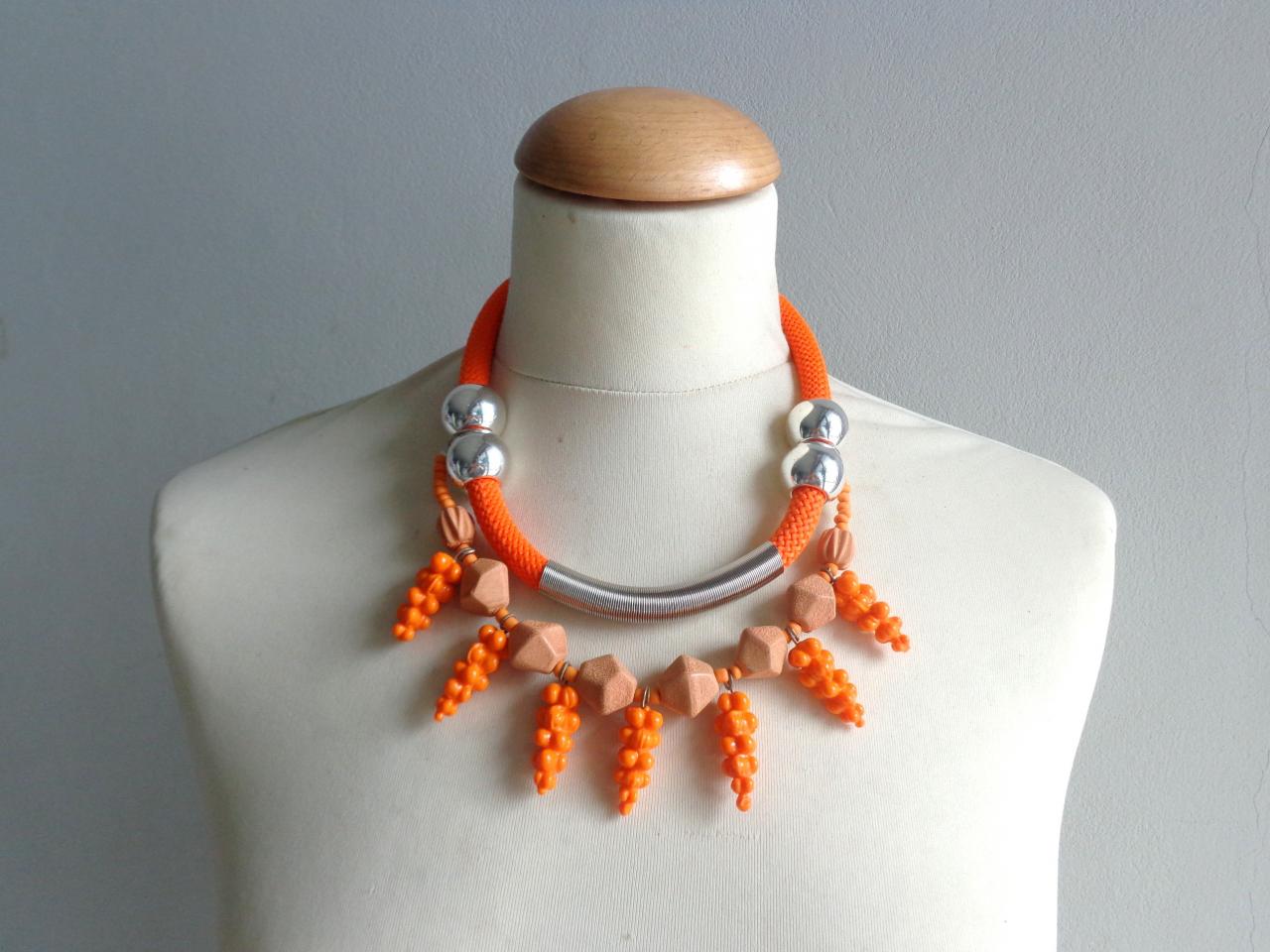 Tribal Orange Statement Colorful Necklace Rope Necklace