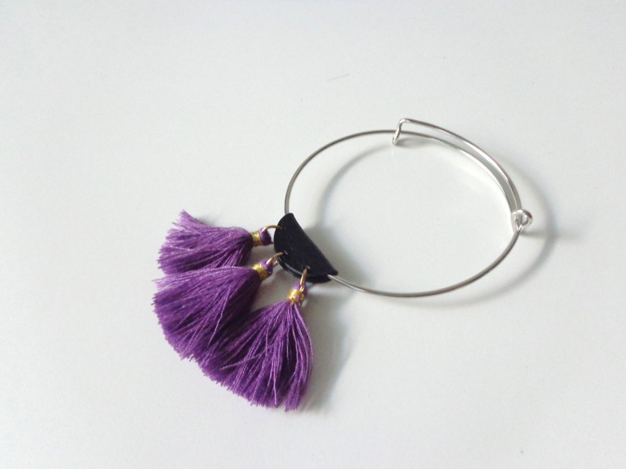 Purple Tassel Leather Bracelet, Dainty Purple Silver Black Tassel Bracelet, Colorful Bracelet