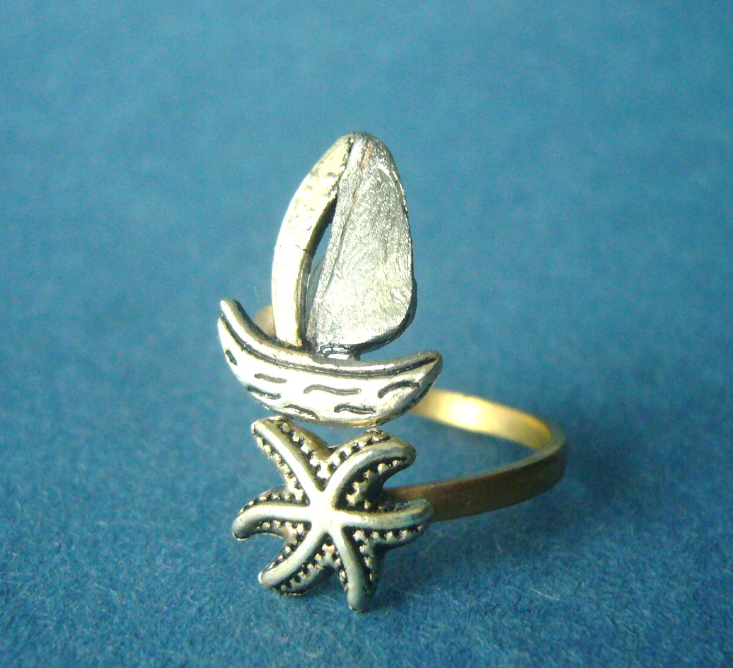 Silver Ship And Shell Wrap Ring, Adjustable Ring, Fish Ring